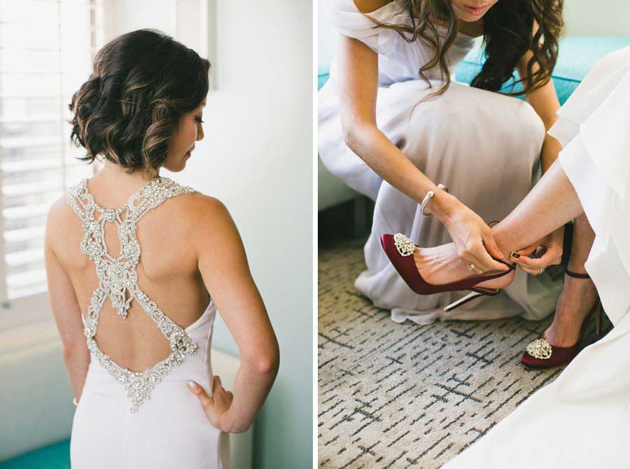 Chic bride with lace and pearl details along back of dress
