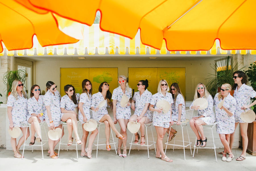 Bridesmaids in pajamas with bright yellow colors at the Parker Palm Springs 