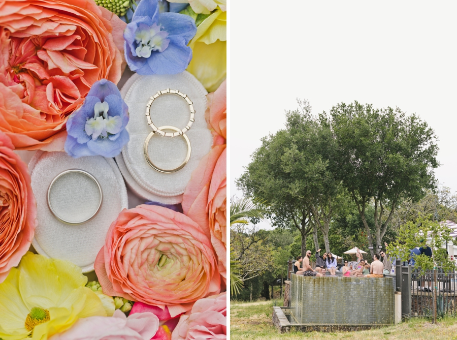 Colorful flowers and wedding rings with a group of people sitting in an outdoor hot top