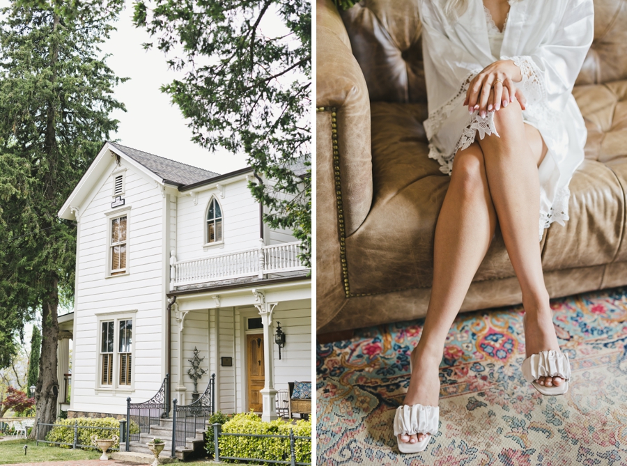 Triple S Ranch Wedding - A white victorian house and a bride's legs with white sandals