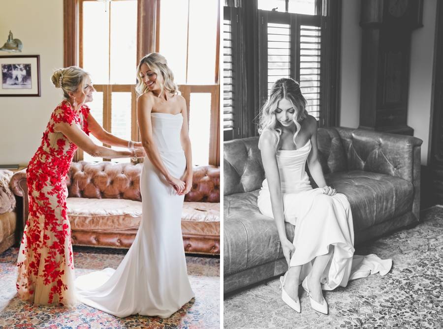 A mother dresses her daughter into her wedding dress - Triple S Ranch Wedding Photography