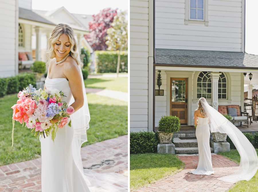 A bride holds a bouquet of colorful pink wedding flowers at her Calistoga wedding