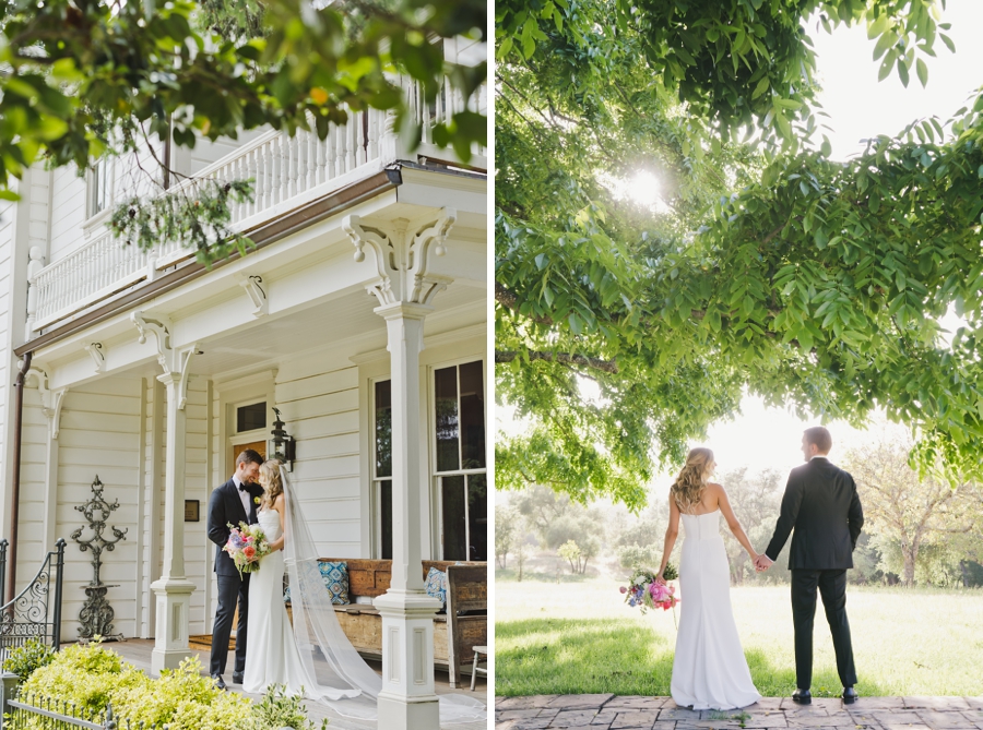 A bride and groom hold hands on a white porch and under a tree