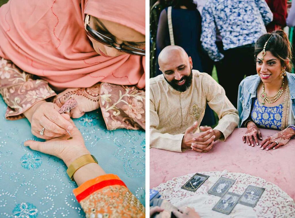 Henna artist works on indian bride at california rehearsal dinner