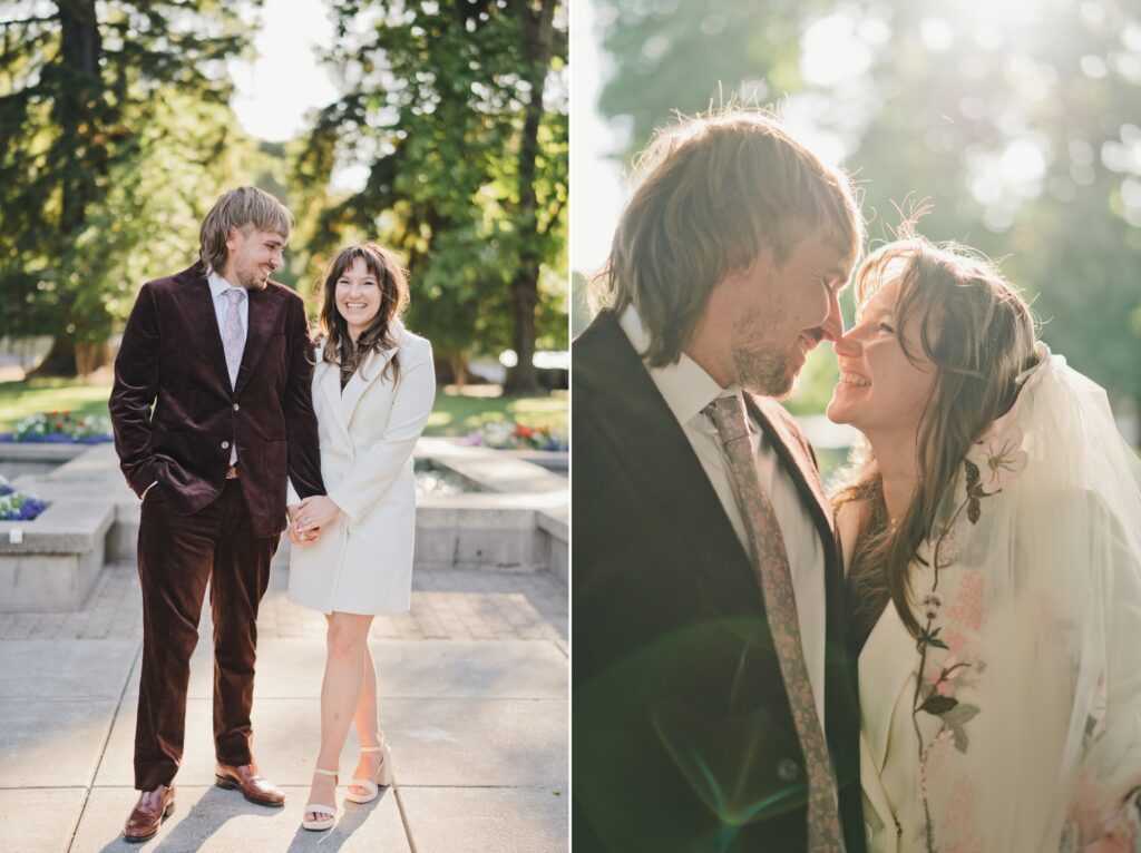 A couple dressed in formal attire stands outdoors, holding hands and smiling at each other in one photo, and sharing an intimate, joyful moment in another, surrounded by greenery.