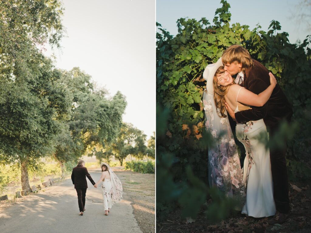 Two-photo collage: Left, a couple walks hand-in-hand down a tree-lined path; right, the couple embraces and kisses in front of green foliage.