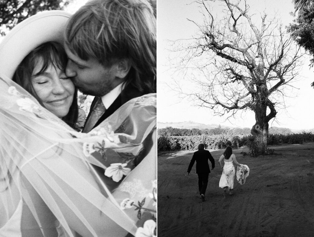 A couple in wedding attire embraces and smiles in one photo; in the other, they walk hand-in-hand across a field toward a large tree. Both images are in black and white.