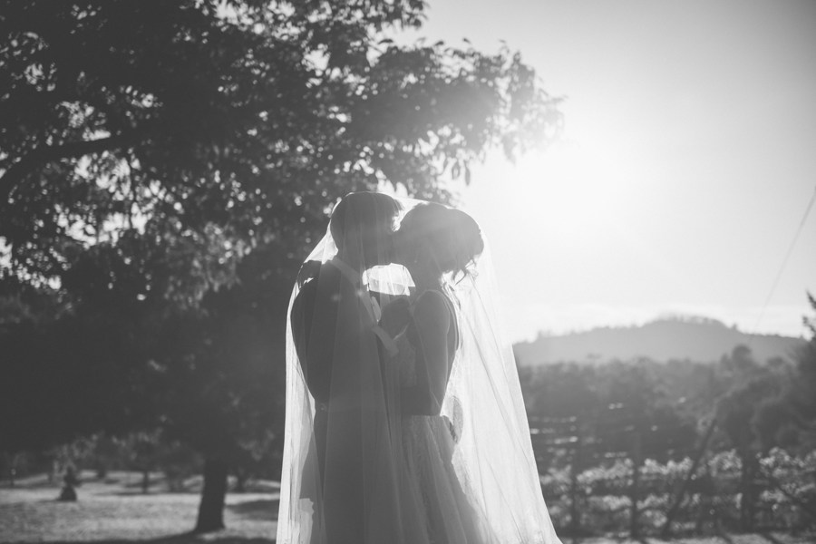 A bride and groom stand close together outdoors, partially covered by a veil, with sunlight shining behind them. The photo is in black and white.