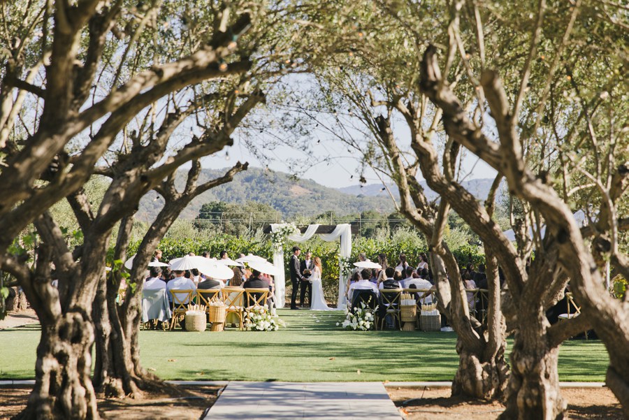 Outdoor wedding ceremony under trees with guests seated on either side of an aisle, facing a couple and officiant at a decorated altar. Hills and greenery are visible in the background.